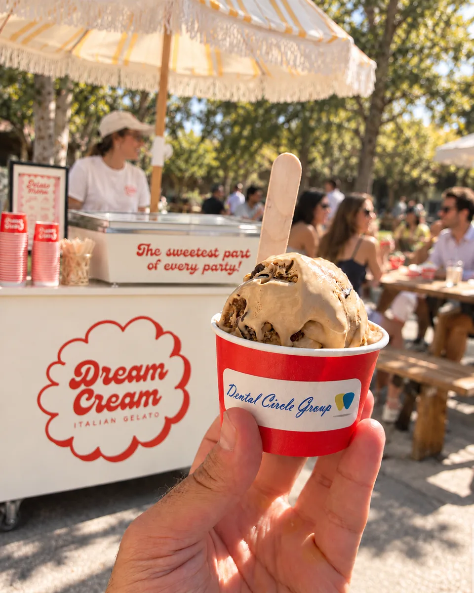 Dream Cream gelato cup with a custom company logo sticker, held in front of the gelato cart at an outdoor event