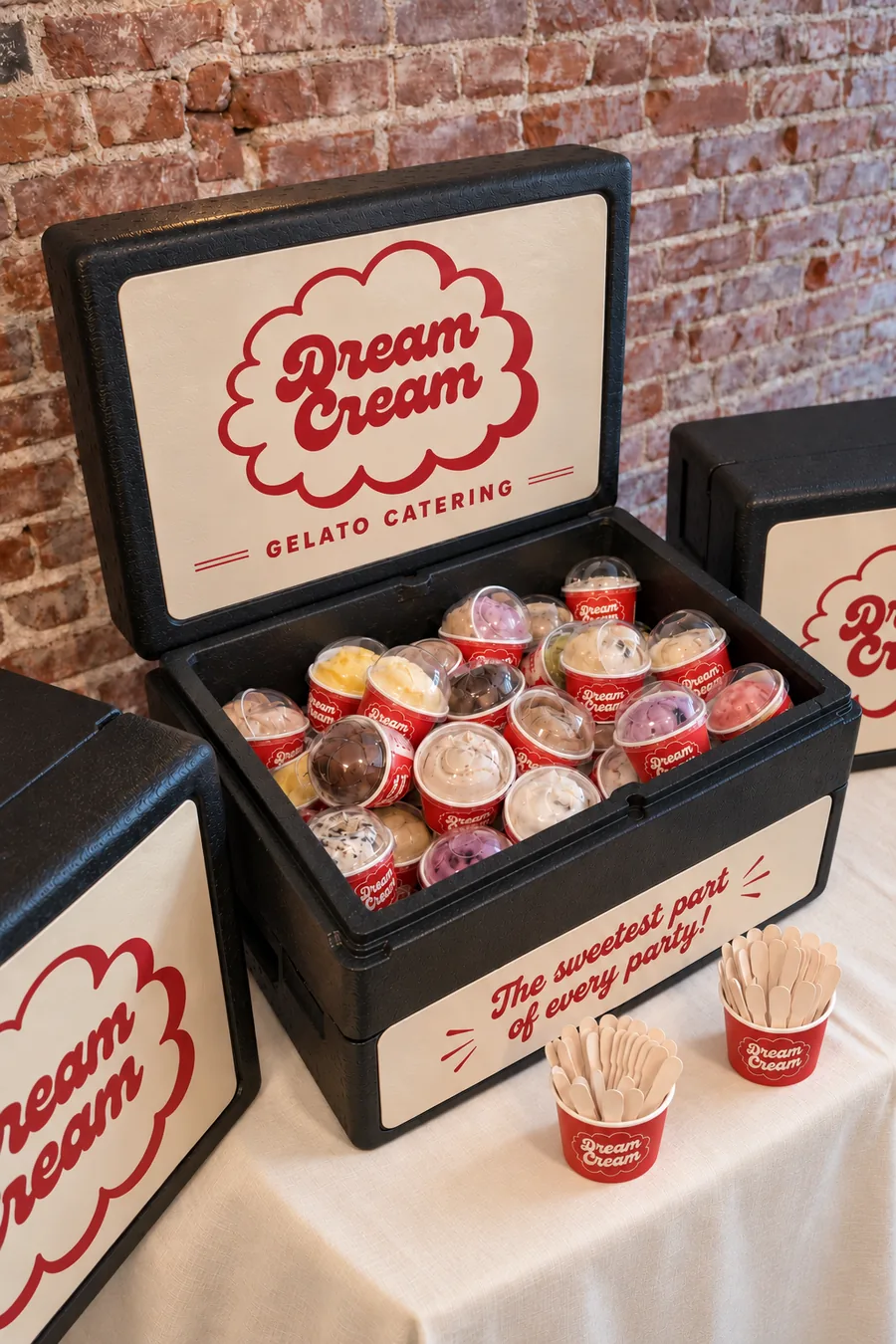 Pre-scooped Dream Cream gelato cups with clear lids, packed in an insulated cooler for catering delivery