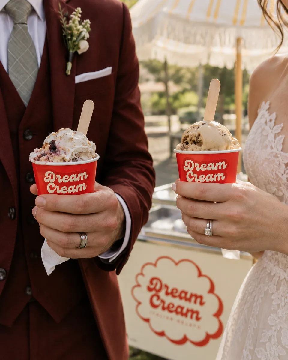 Bride and groom holding red Dream Cream gelato cups
