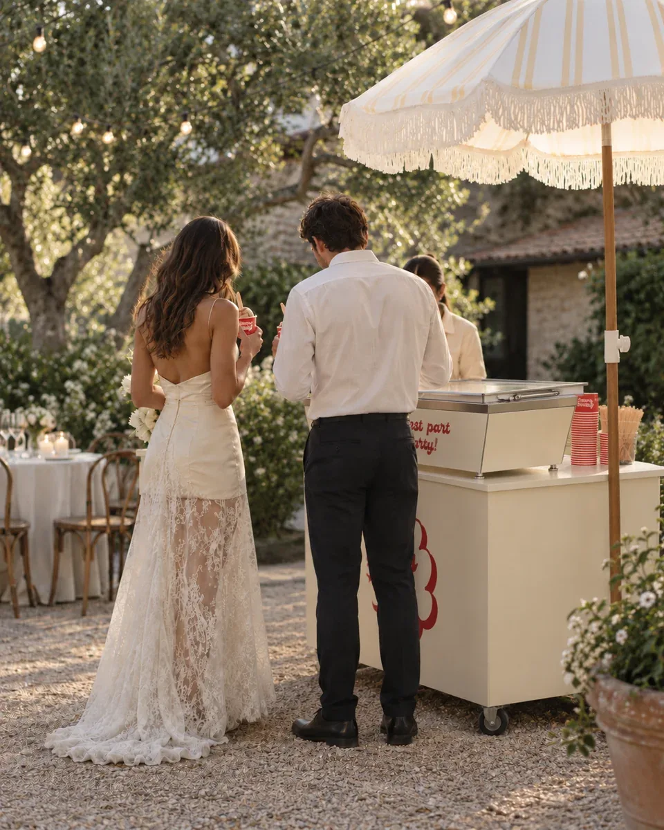 Wedding couple enjoying gelato at the Dream Cream cart